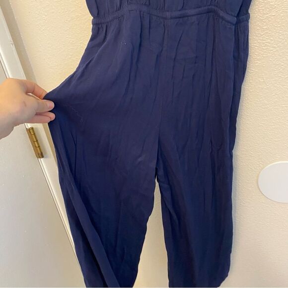 Popsugar navy blue button front tie waist wide Leg Romper Jumpsuit 100% rayon S - Picture 7 of 14